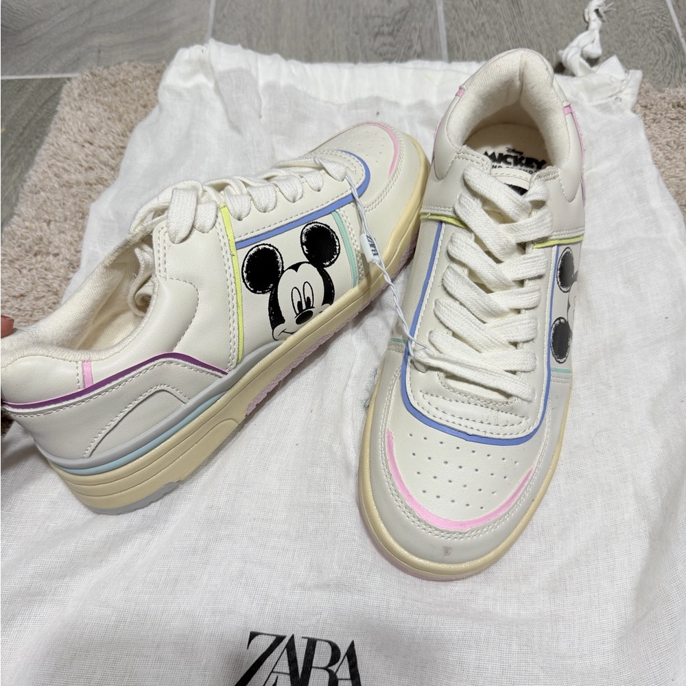 Zara White Sneakers with Mickey Mouse Design